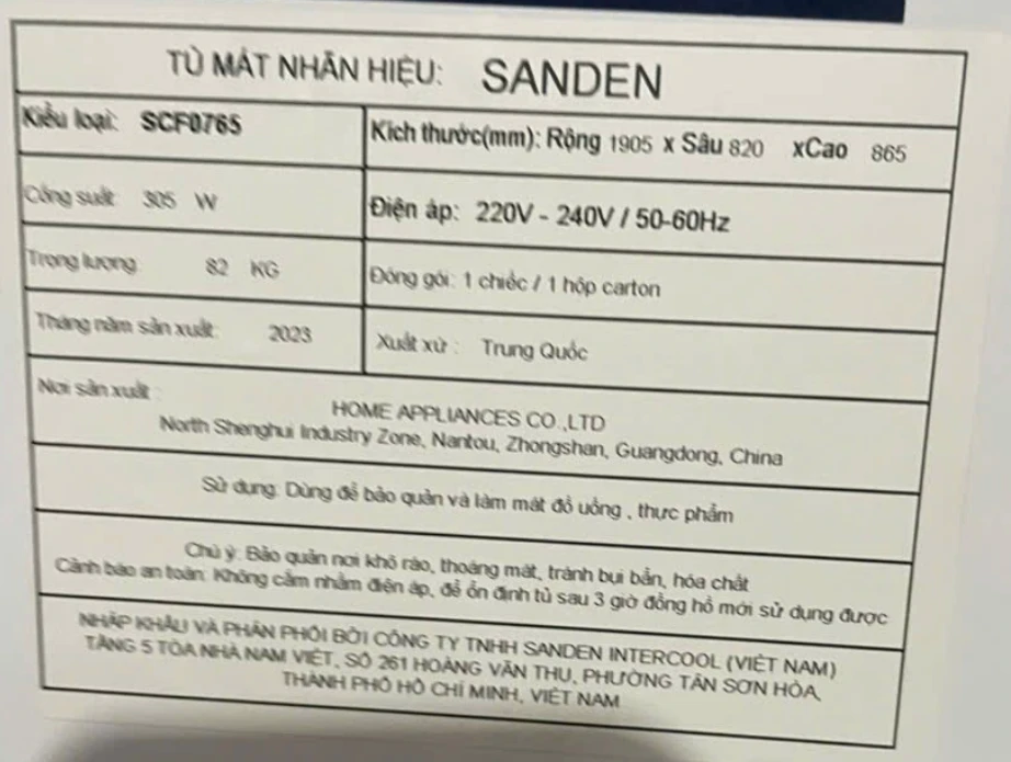 Tem nhãn sản phẩm Sanden SCF-0765 ghi xuất xứ Trung Quốc