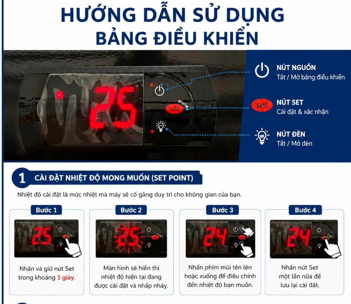 Hướng dẫn cài đặt nhiệt độ trên bảng điều khiển điện tử tủ mát Sanden, nút nguồn, nút set, nút đèn